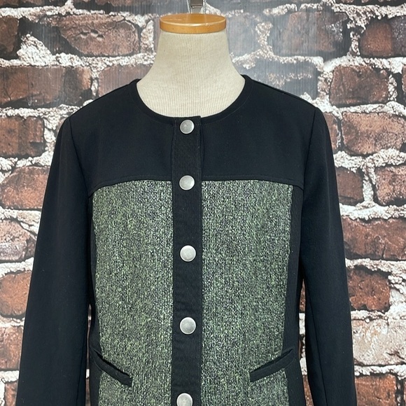 Cabi Jacket Women's Medium Green Black Mixed Media Blazer Cropped Snap Buttons - Picture 6 of 15